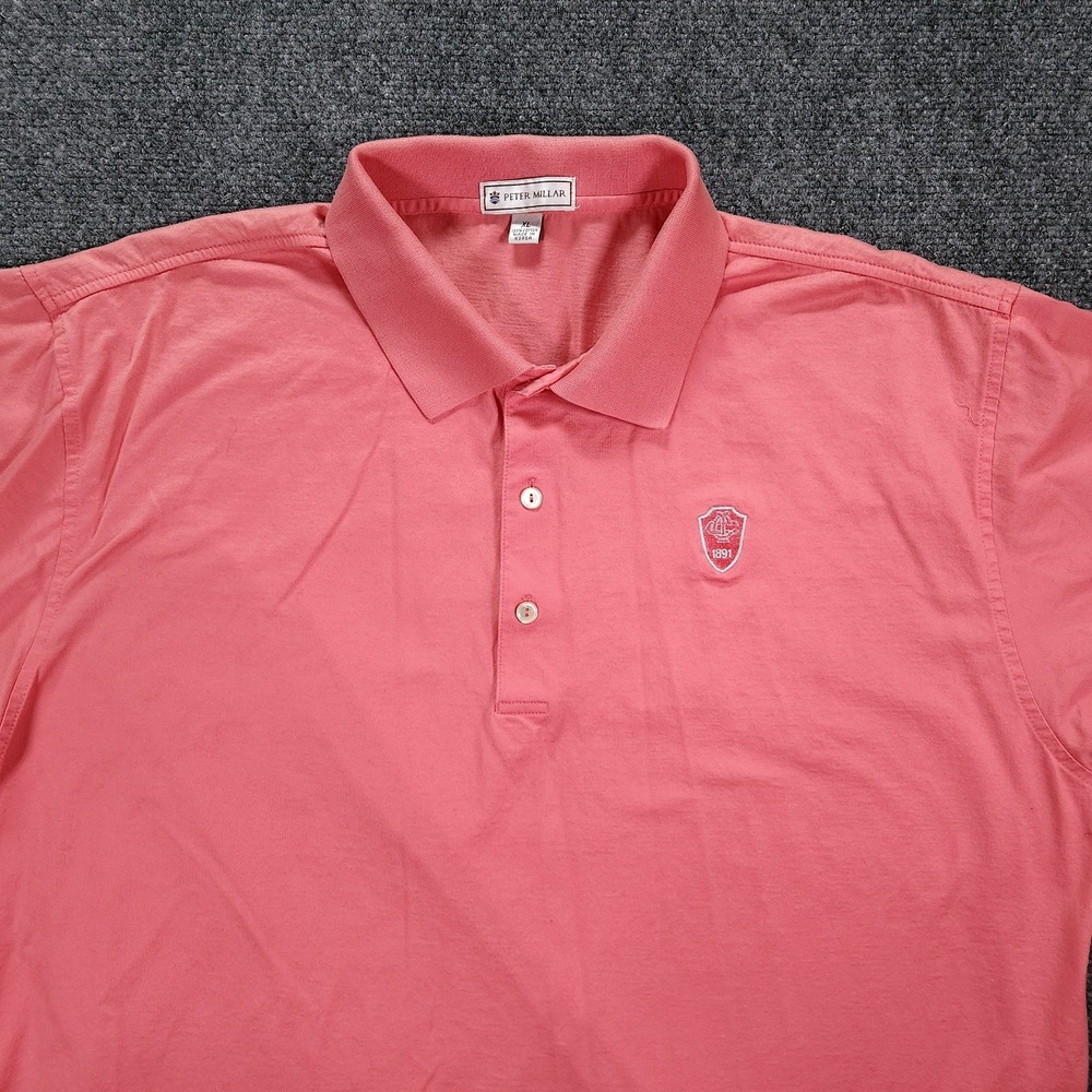 Peter Millar Polo Shirt Mens XL Pink Red Excellent Golf Course Logo Short Sleeve - Picture 9 of 9